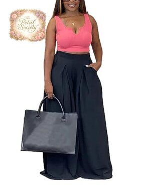 Plus Size Wide Leg Palazzo Lounge Pants High Waist Elastic Waistband Pockets
